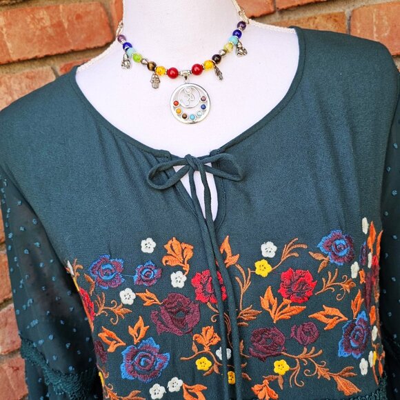 Altar'd State Brand Dress. Forest Green Floral Embroidered Swiss Dot. Size Small - Picture 3 of 12